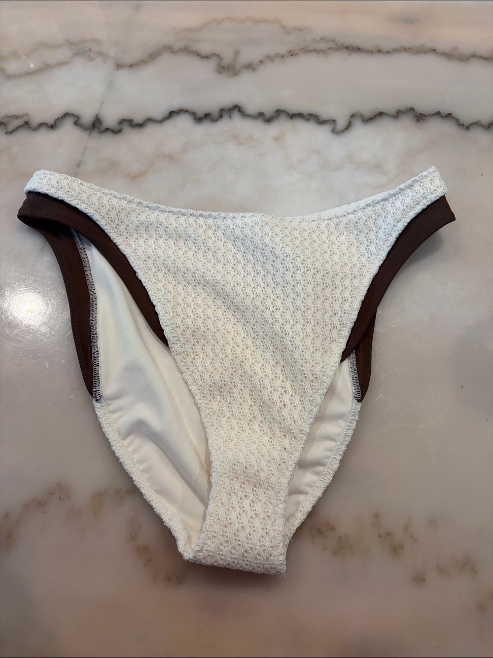 Abercrombie & Fitch White Textured Bikini Bottom with Brown Trim